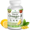 Bästa Triple Strength Omega 3 Fish Oil Pills 2400mg | 120 kapslar | Burpless High Potency Lemon smak | 864mg EPA 576mg DHA Ultra Pure Liquid Softgels | Brain Joints Eyes Hair Heart Health Supplement