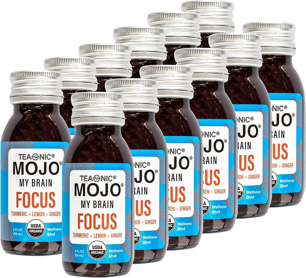 TEAONIC Min hjärna Mojo: Fokus Wellness Shots - USDA-Certified Vegan Formel med Ginkgo Biloba, Ginger, Turmeric - 12 flaskor x 2 Fl Oz Varje - Glutenfri, Non-GMO