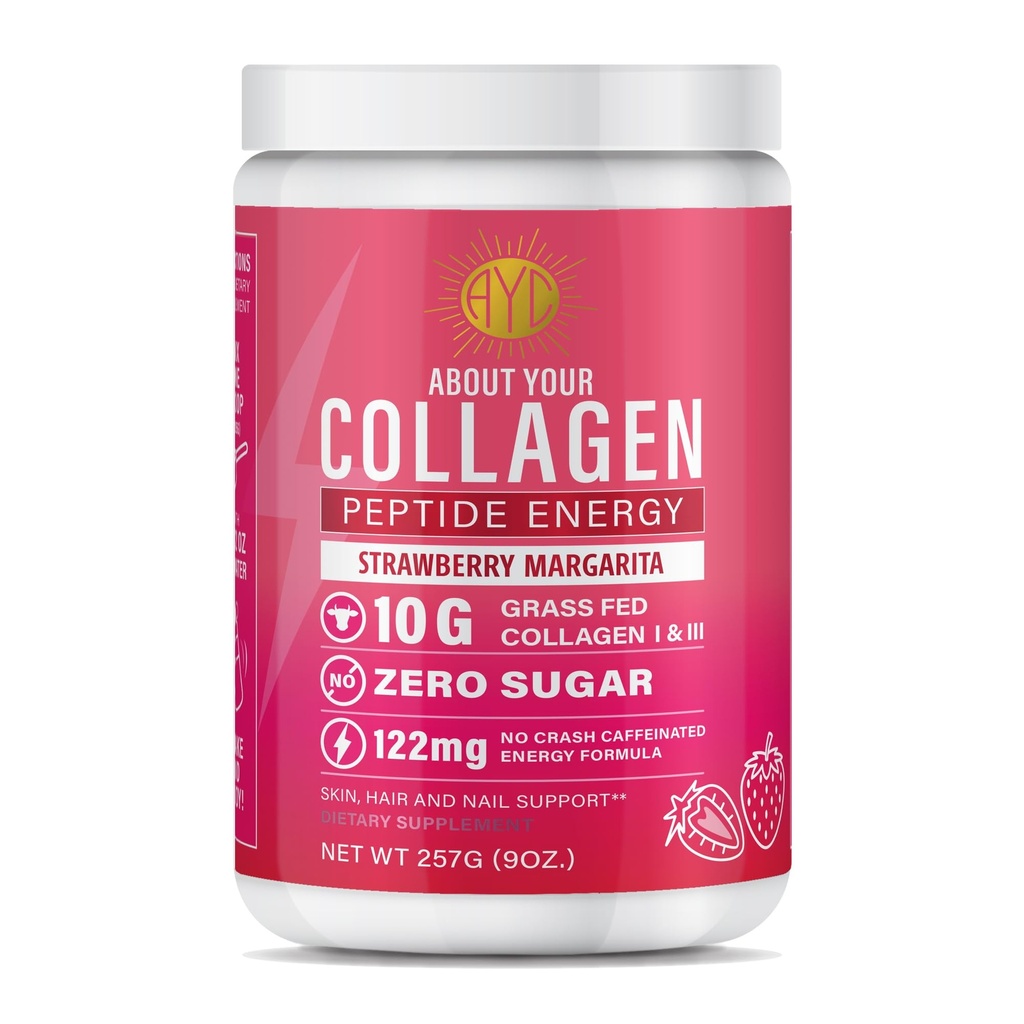 Peptide Energy Collagen Powder Hair, Nail, Skin, Typ I & III, Koffein för energi, Vitamin C, Biotin, Hyaluronsyra, Zero Sugar - 8,92 oz (Strawberry Margarita)