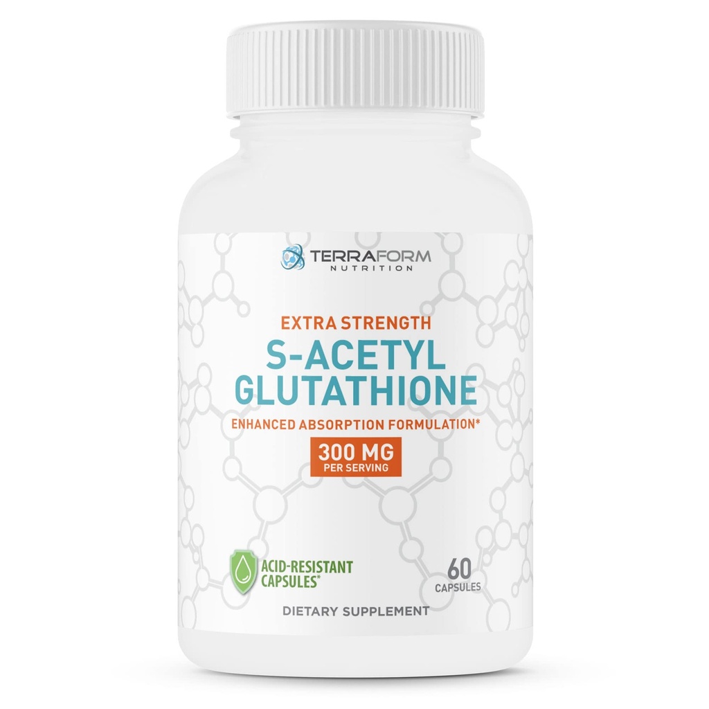 TerraForm Nutrition Extra Strength S-Acetyl Glutathione 300mg - 60 Acid-Resistant Capsules - Premium Glutathione Supplement - Högt Bioavailable & Stable Form SAG Supplement - Tillverkad i USA
