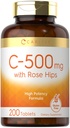 Carlyle Vitamin C med Rose HIPS 500mg | 200 tabletter | High Potency Formel | Vegetarian, icke-GMO och Gluten fri tillägg
