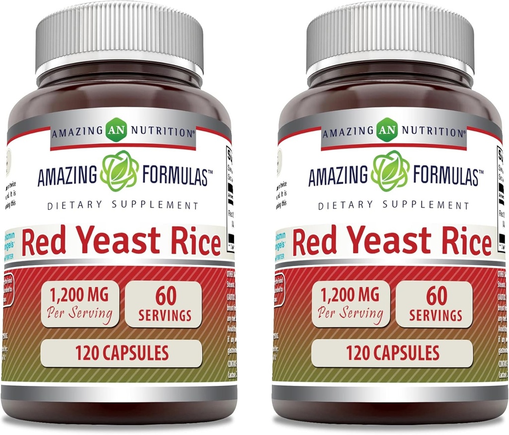 Fantastiska Formler Red Yeast Rice 1200mg Per Serving Capsules Supplement | Icke-GMO | Gluten Free | Made in USA (120 greve | 2 Pack)