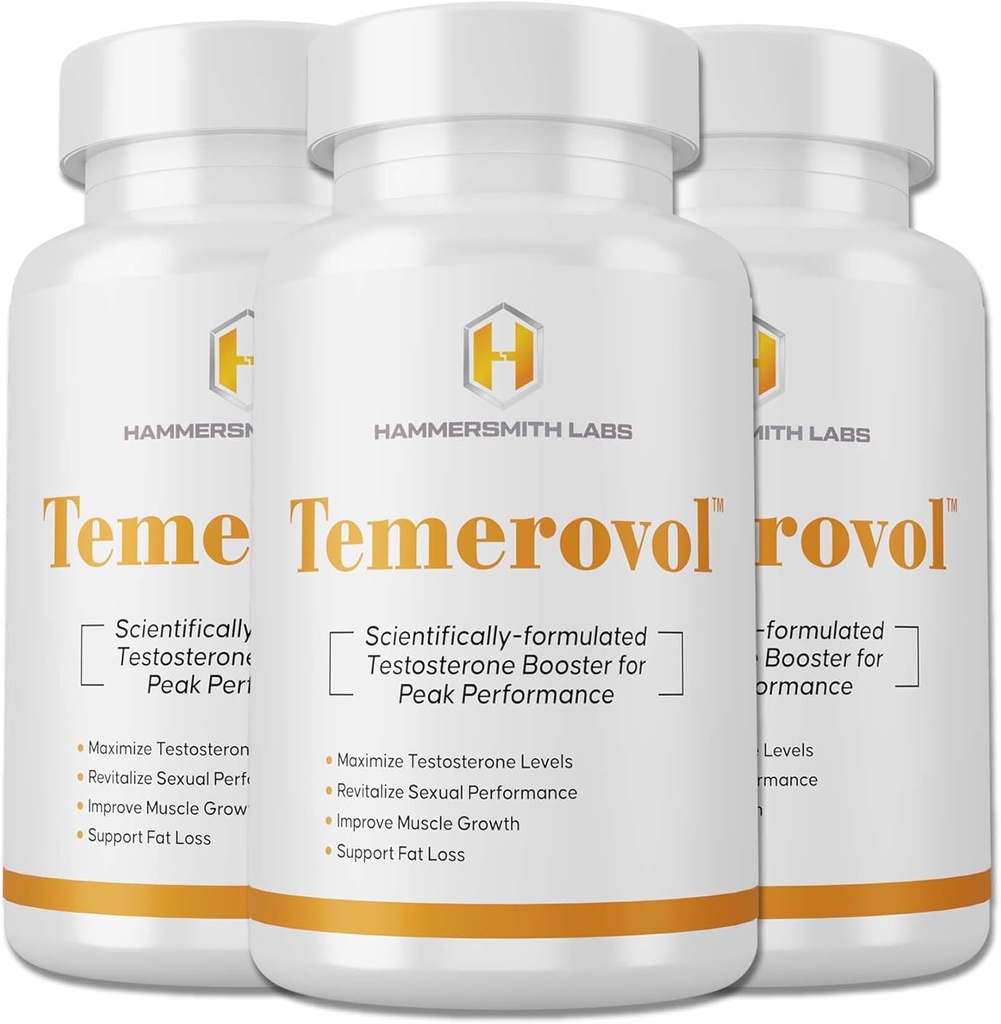 Temerovol - Manligt komplement - Förbättrar energi, styrka och libido - Lean Muscle Builder, 60 kapslar - 3 flaska bunt