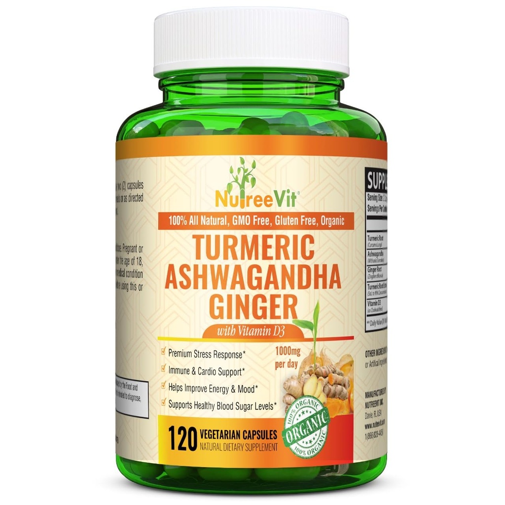 NutreeVit Organic Turmeric med Ashwagandha & Ginger - 120 kapslar | Ashwagandha Root & Turmeric Supplement med vitamin D3 | Herbal Supplement för allmän Wellness