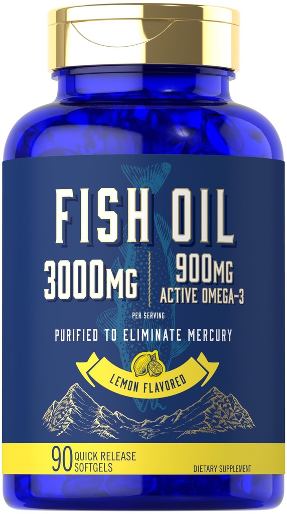 Carlyle Fish Oil 3000mg | 900mg Omega 3 | 90 Softgels | Lemon Flavor | Non-GMO och Gluten Free Supplement