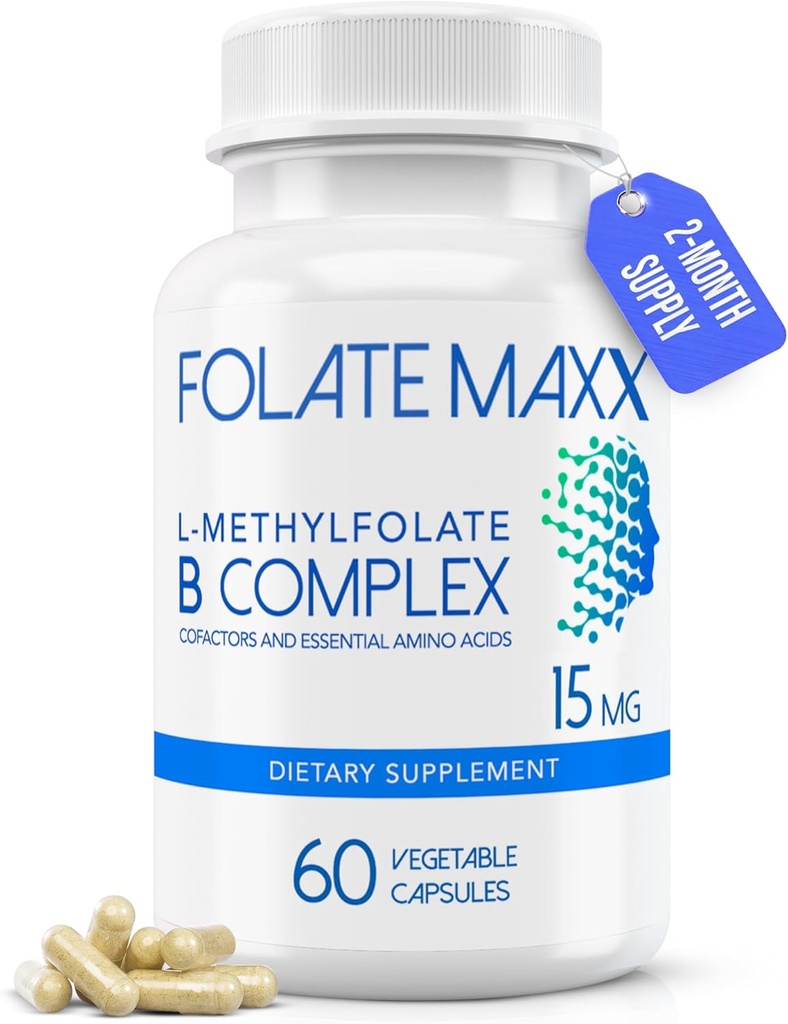 FolateMaxx L-Methylfolate + B12 Methylcobalamin & B6 Blend (15mg) - 60 kapslar - Aktiv B-komplex med Cofactors & Essential Aminosyror - Non GMO, Gluten Free, No Fillers