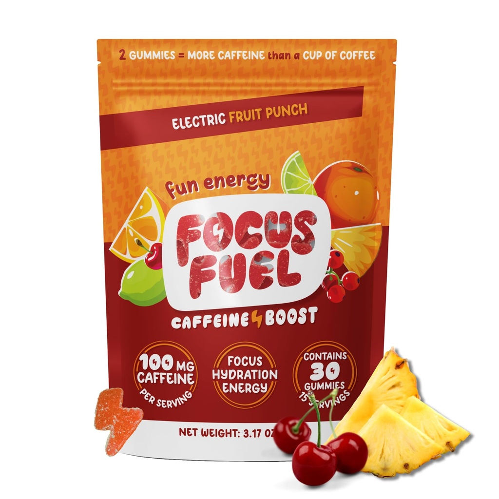FocusFuel Energy Chews - Fruit Punch Flavor (15 portioner) - 100mg Koffein + L-Theanin + B12, Magnesium - Boost Focus & Energy - No Crash eller Jitters