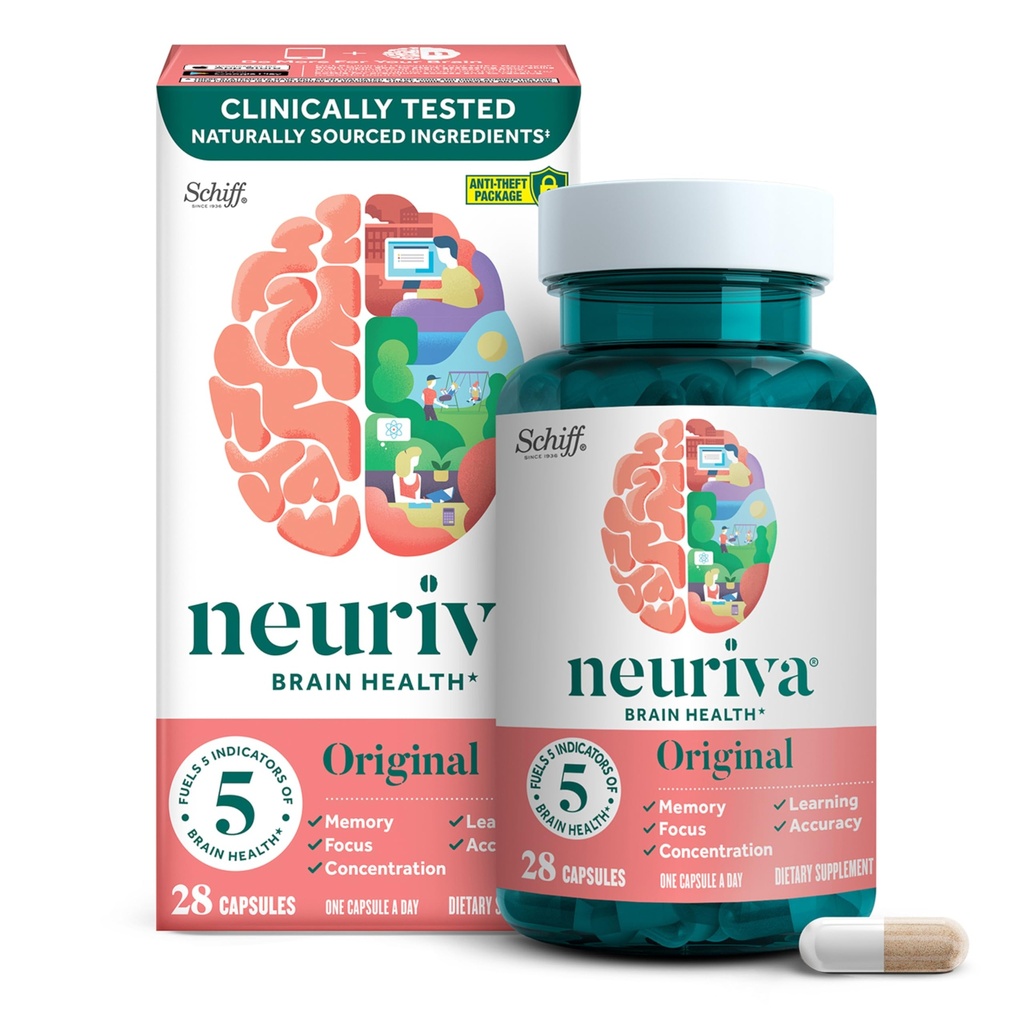 NEURIVA Original Decaffeinated Clinically Tested Nootropic Brain Supplement för minne, fokus och koncentration, NeuroFactor & Phosphatidylserine, 28ct Capsules
