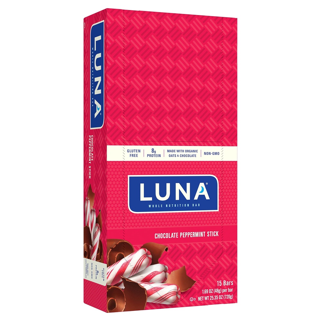 LUNA BAR - Gluten Free Snack Bars - Chocolate Peppermint Stick -8 g protein - Icke-GMO - Plantbaserad Wholesome Snacking - På Go Snacks (1,69 Ounce Snack Bars, 15 Count)