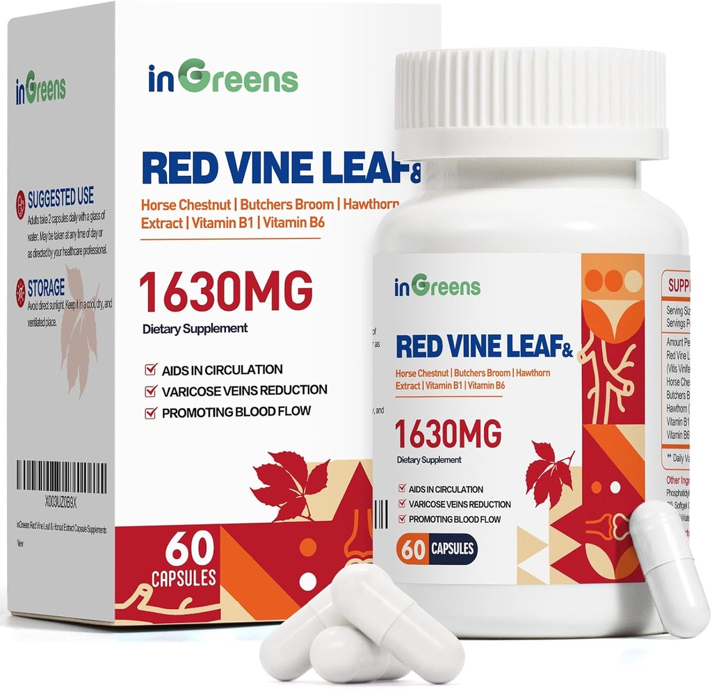 Red Vine Leaf Extract 1630mg med Horse Chestnut, Butcher's Broom, Hawthorn Supplement för Varicose Veins, Leg, Circulation, Heart, Skin, Stöd för hjärthälsa, Made in USA, 60 Capsules