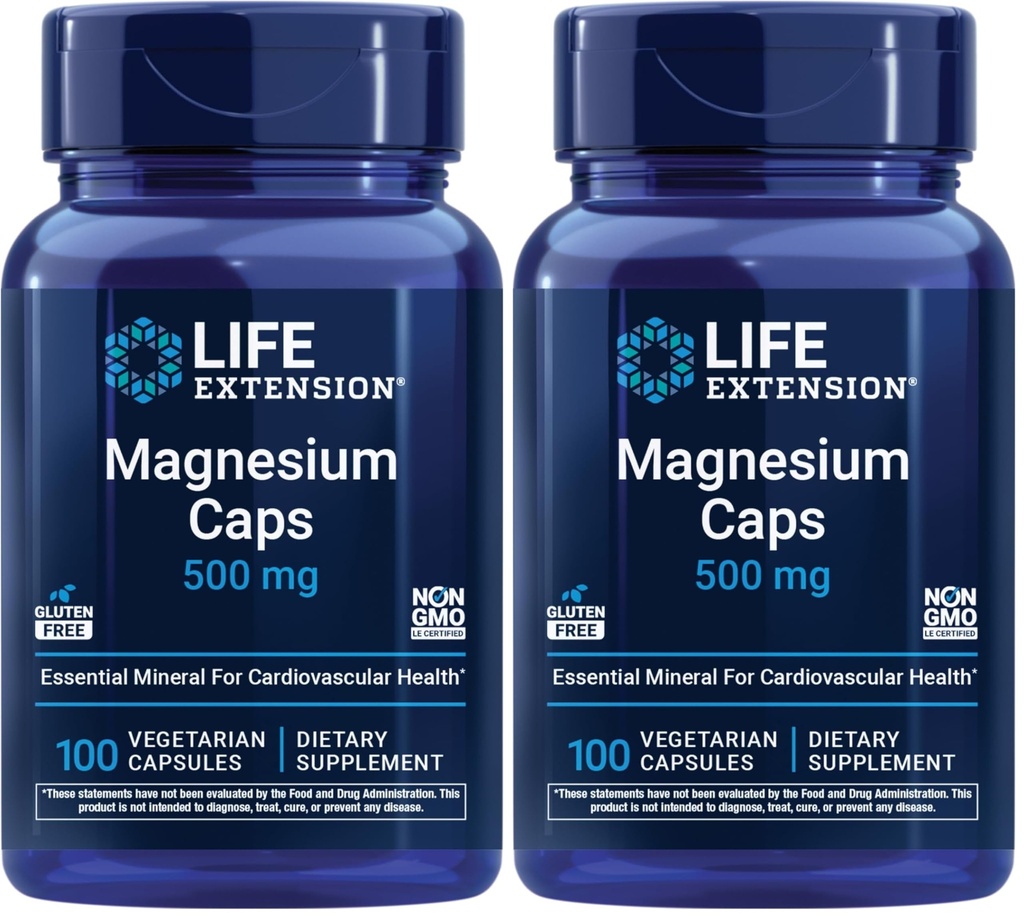Life Extension Magnesium Caps, 500 mg, Magnesium Oxide, Citrate, Succinate, Heart Health, Healthy Bones, Metabolism Support, 100 Vegetariska kapslar (Pack of 2)