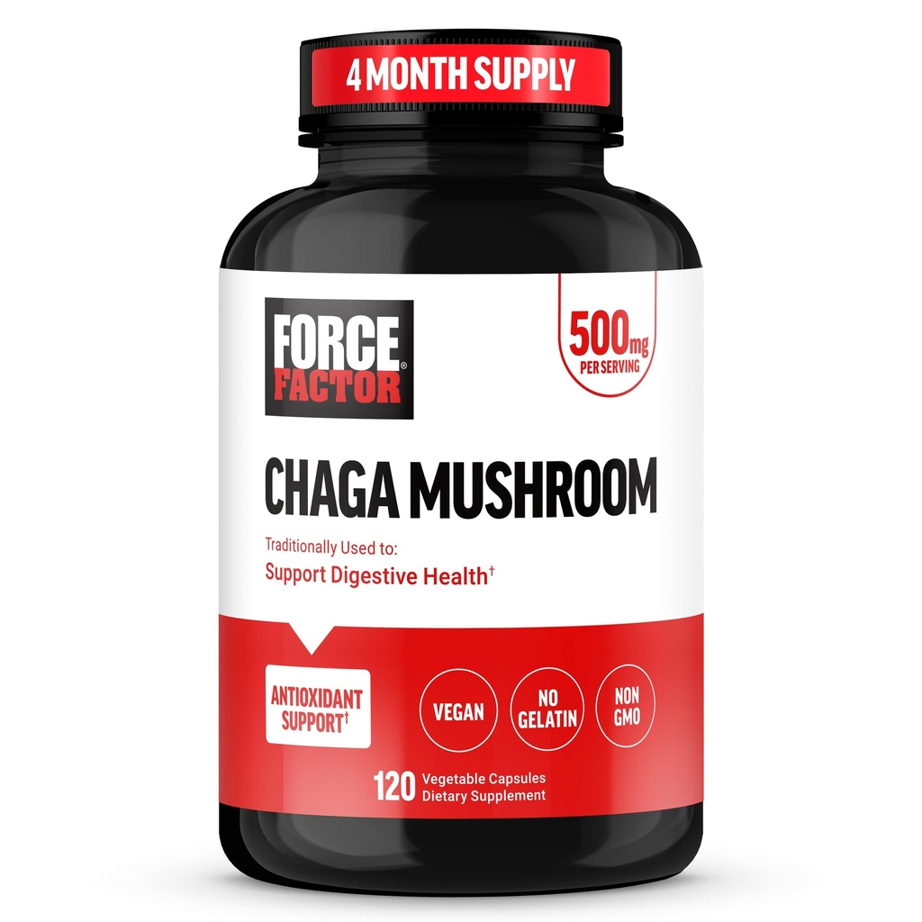 FORCE FACTOR Chaga Mushrooms Capsules, Mushroom Supplement för att stödja Gut Health och Digestion, tillverkad av Real Mushrooms, Vegan, Non-GMO, 120 kapslar