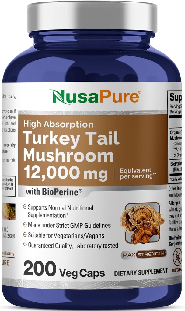 NusaPure Turkey Tail Mushroom Capsules, 10:1 Extrakt, 1200 mg Likvärdigt till 12.000mg, 200 Vcaps, Non-GMO, Gluten Free, Bioperine