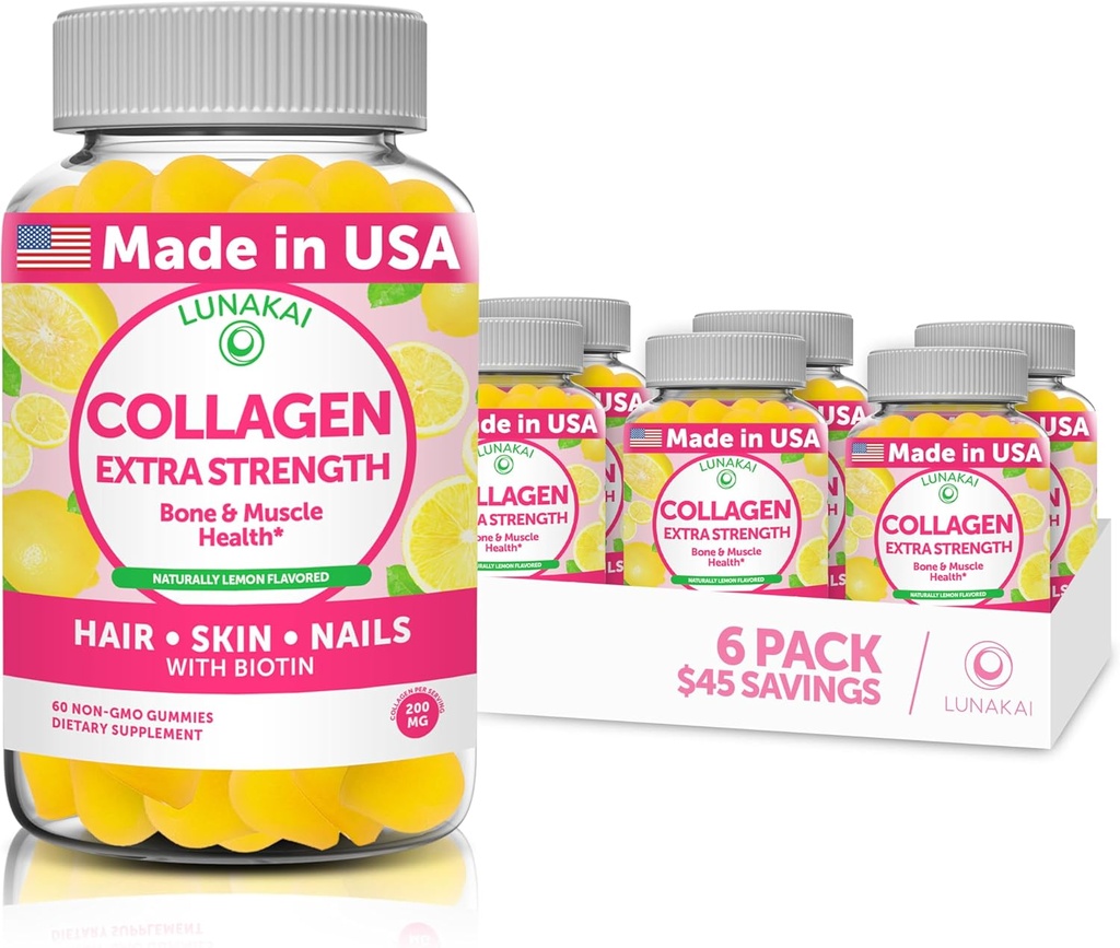 Lunakai Collagen Gummies - Tastiest Proprietary Formula - 200mg Hydrolyzed Collagen Gummies för kvinnor och män med Biotin, Zink, Vitamin C och E - Non-GMO Anti Aging Supplement för kvinnor - 6 Pack