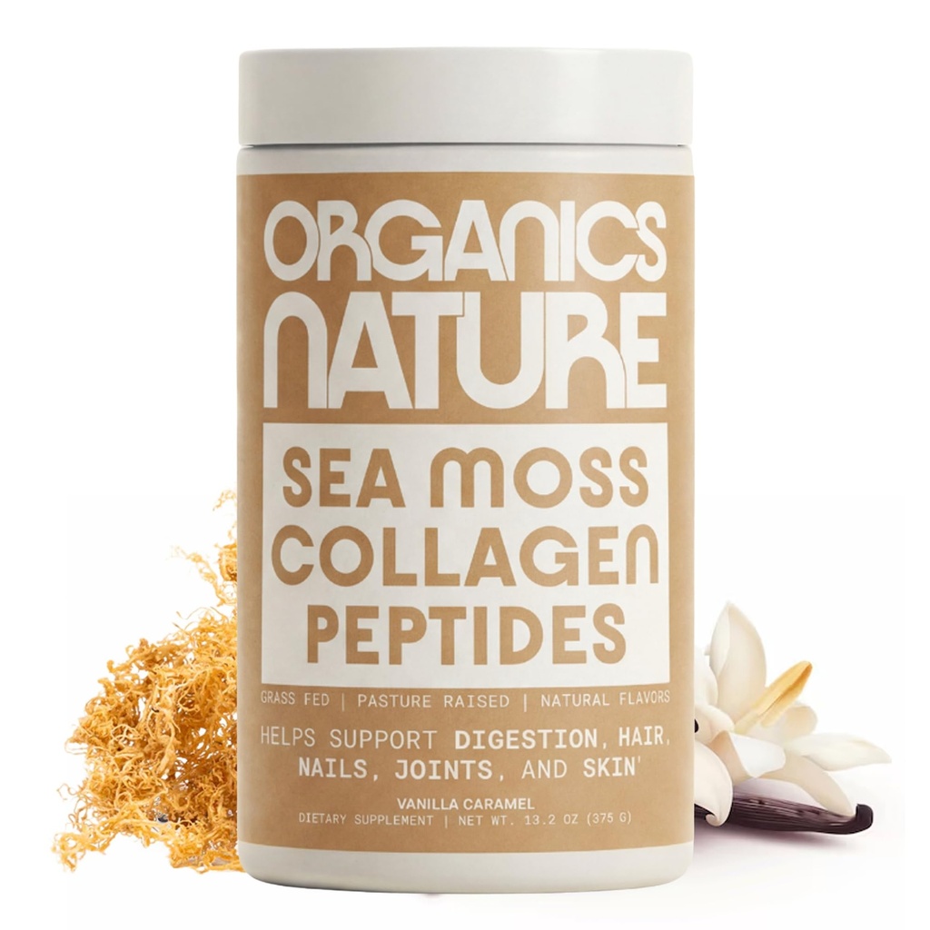 ORGANICS NATURE Collagen Peptides Powder med Irish Sea Moss Vanilla Caramel smaksatt | Naturligt källad Hydrolyserad Collagen w / Biotin för hår, hud, nagel och gemensamt stöd 30 portioner 380 gr