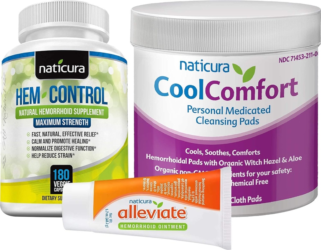 Bundle - lindra naturlig hemorrojd Relief Ointment, Hem-Control Natural Hemorrhoid Supplement (180 Count) och CoolComfort Personal Cleansing Pads (100 Count) - All-Natural, Fast Acting