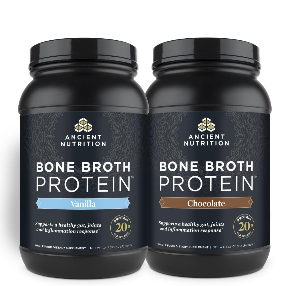 Ancient Nutrition Bone Broth Protein Powder, Chocolate, 40 portioner + Bone Broth Protein Powder, Vanilla, 40 portioner