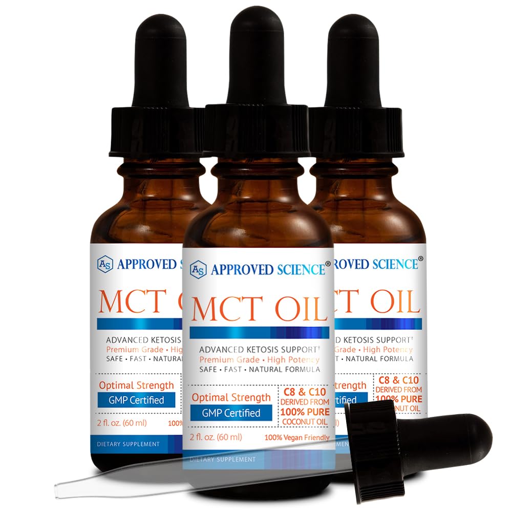 Godkänd Science® MCT Oil - Pure Medium-Chain Triglyceride (MCT) Oil härrör från kokosnötter med Caprylic Acid (C8) och Capric Acid (C10) - Vegan, 60 ml - Pack på 3