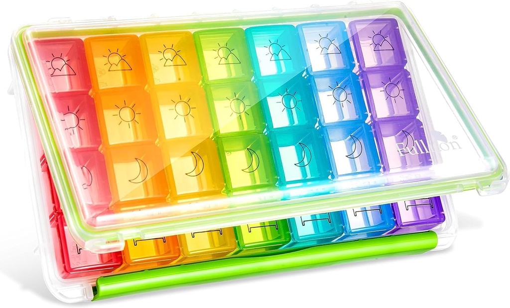 Fullicon Weekly Pill Organizer 4 gånger om dagen, Pill Box 7 Day för resor, fuktbevis Daily Pill Box Organizer, stort pillerfall för medicin, vitamin, fiskolja och tillägg (Clear and Green)