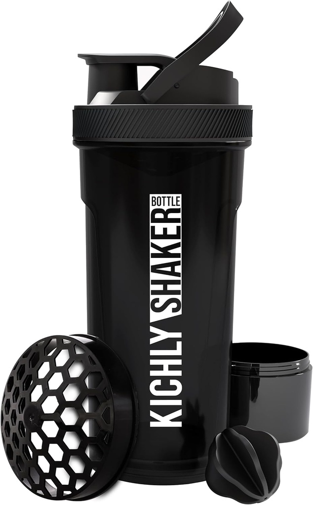 KICHLY Shaker Bottle 1 Pack - 24 Ounce Plastic Protein Shaker Bottle för Pre & Post träning med Twist & Lock Protein Box Storage (Black)