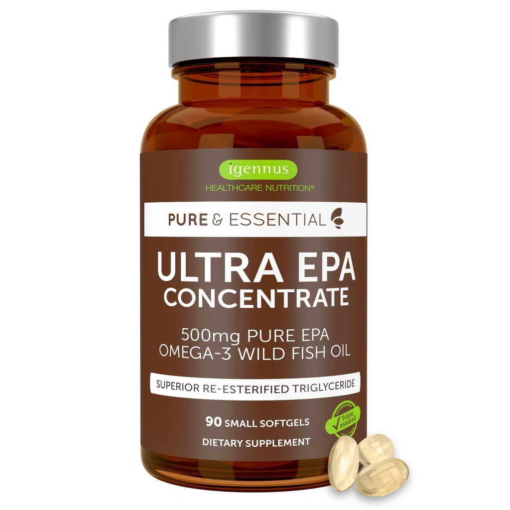 Igennus Ultra Pure Omega-3 EPA 500mg, högt koncentrerad IFOS Certified Wild Fish Oil, Advanced RTG Triglyceride Form, Non-GMO, 90 Small Softgels