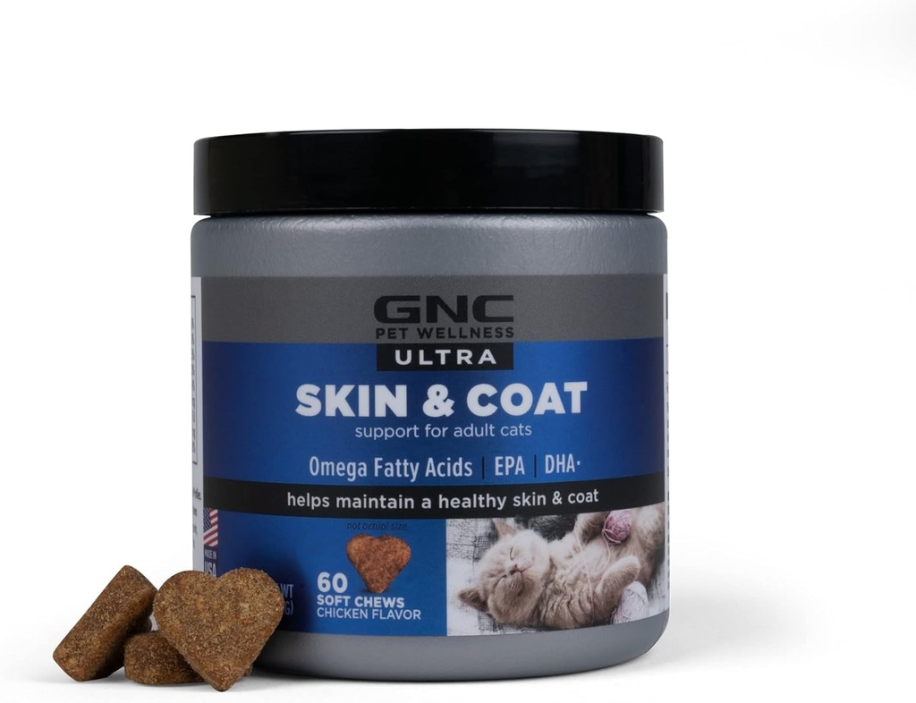 GNC Pets Ultra Skin & Coat Soft Chews, Chicken Flavor Cat Vitamins, Anti Shedding Supplement for Cats with Dry Skin, Treatment and Dandruff Relief, 60 Count