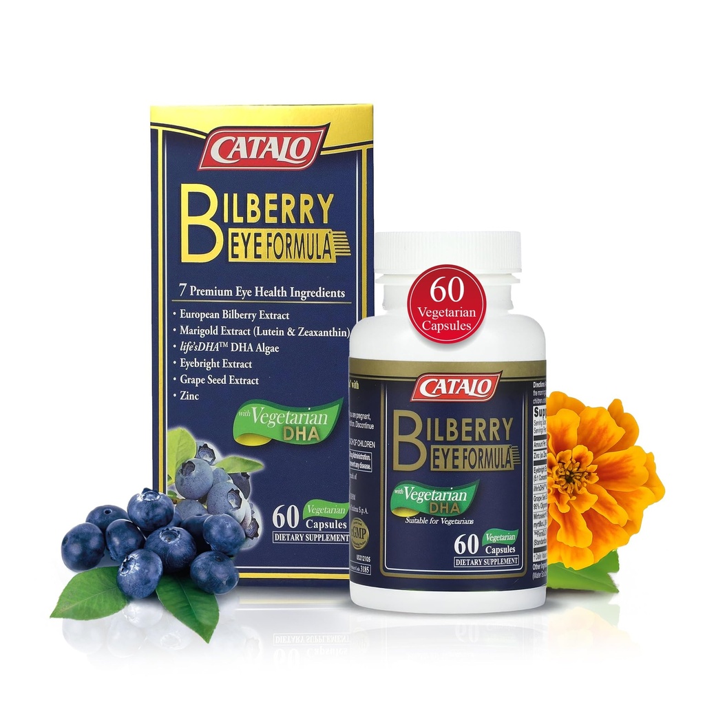 CATALO Bilberry Eye Formel med vegetarisk DHA - Eye Care Supplement med Mirtoselect Bilberry Extract, DHA från Algae, Lutein, Zeaxanthin, Grape Seed Extract och Zink - 60 Vegetariska kapslar