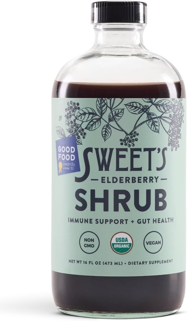 Sweet's Elderberry Organic Shrub | USDA Organic | Digestive & Immune Support | Versatile Drinking Vinegar | Mocktail Mixer | 16 oz Återvinningsbar flaska