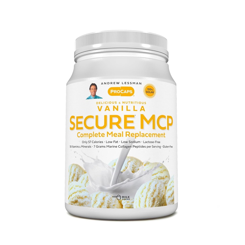 ANDREW LESSMAN Secure MCP Complete Meal Replacement - Vanilla 30 Servings - Endast 57 kalorier, Low-Fat, 7 Grams Marine Collagen Peptides, främjar strålande Smooth Soft Skin, bekväma gemensamma