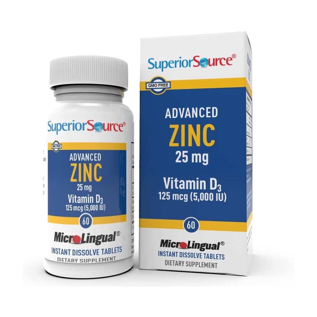 Superior Source Advanced Zinc 25 mg - Inkluderar vitamin D3 5 000 IE - Premium Immune Support Supplement för Män & Kvinnor - Icke-GMO & Glutenfri - 60 MicroLingual Dissolvable Tablets