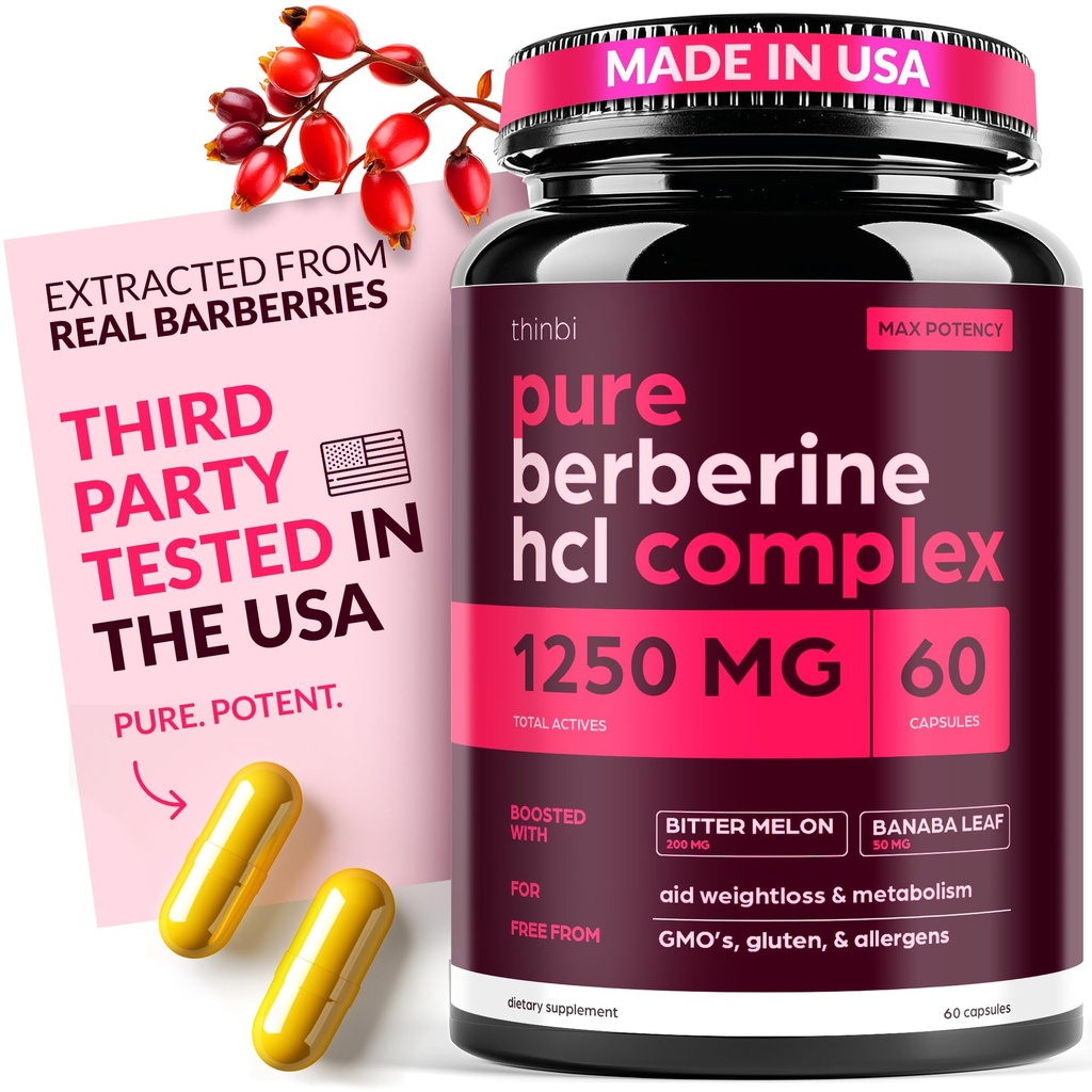 Berberine Supplement 1250mg Potent Botanical Capsules för vikthantering med Bitter Melon och Banaba Leaf - HCl från Barberry Extract- 30 portioner
