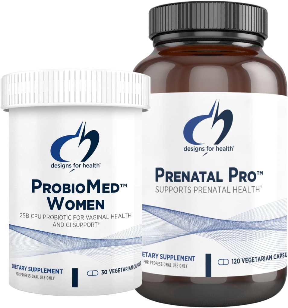 Designs for Health Prenatal & Probiotic Bundle - Prenatal Pro (180 Capsules) Prenatal Multivitamin with Folate and Chelated Minerals & ProbioMed Women (30 Capsules) Gut Health & Vaginal Probiotic