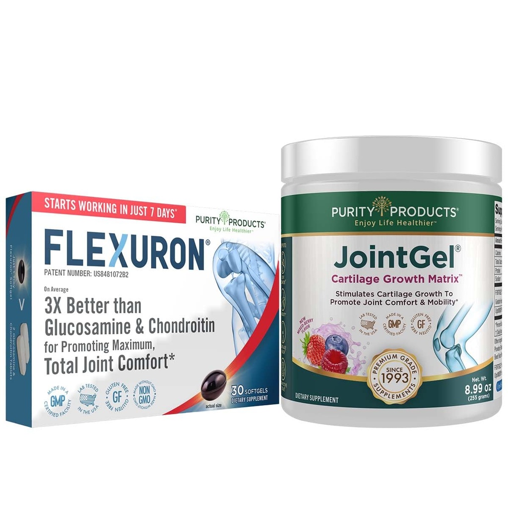 Purity Products Flexuron Joint Formel + Joint Gel Flexuron (Krill Oil, Low Molecular Weight Hyaluronic Acid, Astaxanthin) - Joint Gel Berry Powder (Bioactive Collagen Peptides + MSM)