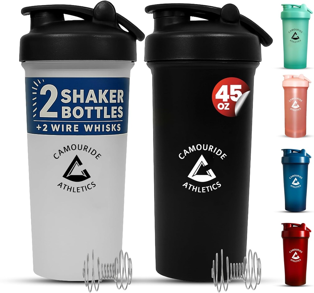 2 Pack 45 oz Protein Shaker Bottles med Wire Whisk - BPA-Free, Leak-Proof Shaker Cups för Protein Shakes & Smoothies - Stor Plast Mixer Bottle - Classic White & Midnight Black