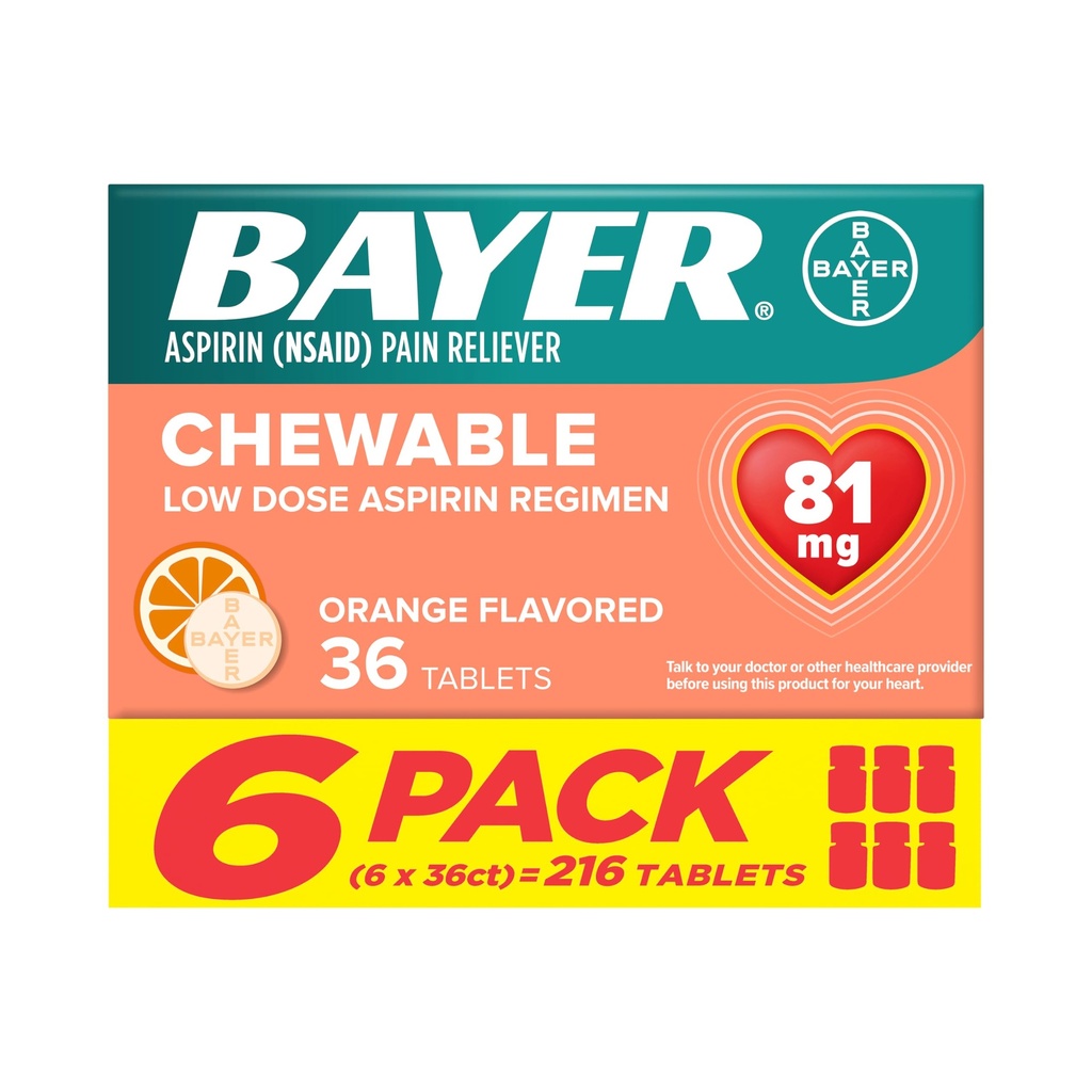 Bayer Aspirin Låg Dos 81 mg Tabletter, Smärta Reliever, Orange smaksatt, 216 tabletter (6 Pack)