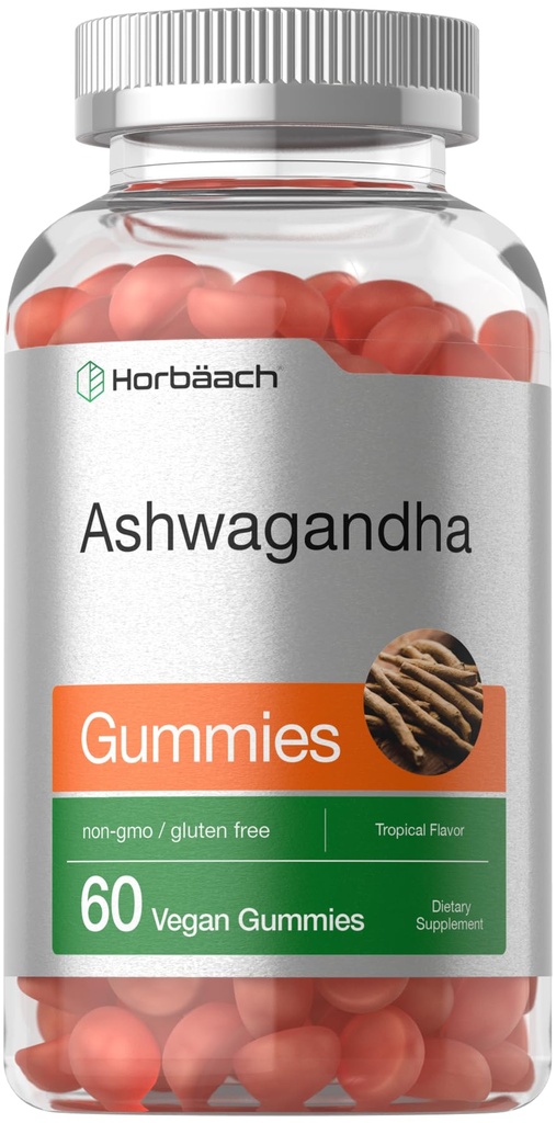 Horbäach Ashwagandha Gummies för kvinnor och män | 60 greve | Vegan, icke-GMO, Gluten fri tillägg | Tropisk smak