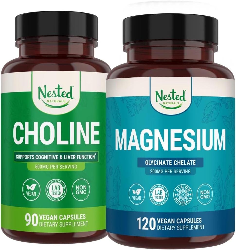 Nested Naturals Choline Bitartrate & Magnesium Glycinate Chelate Stack | Avslappning, sömnstöd, kognitiv prestanda (210 greve)