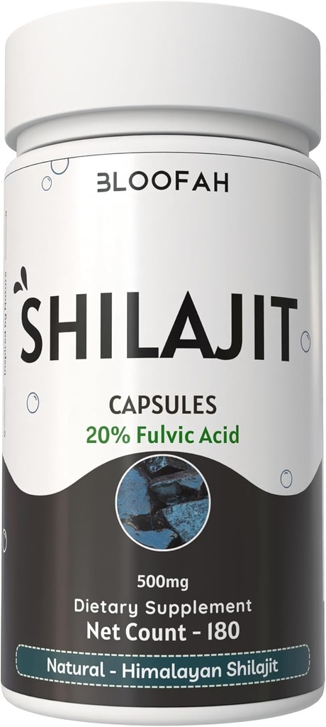 Bloofah Shilajit Capsules 500mg | 20% Extract Fulvic Acid | Natural Shilajit Powder (Asphaltum) | Non-GMO, Gluten-Free | Premium Wellness Supplement för daglig användning (180 greve 1)