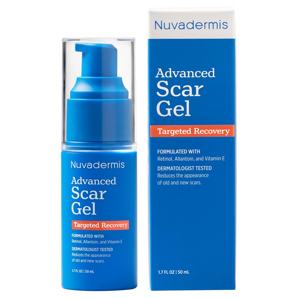 NUVADERMIS Silicone Scar Gel - 1.7 Fl Oz, Transparent Gel - Retinol & Vitamin E Formel för kirurgiska skott - C-sektion, Tummy Tuck & Keloid Care