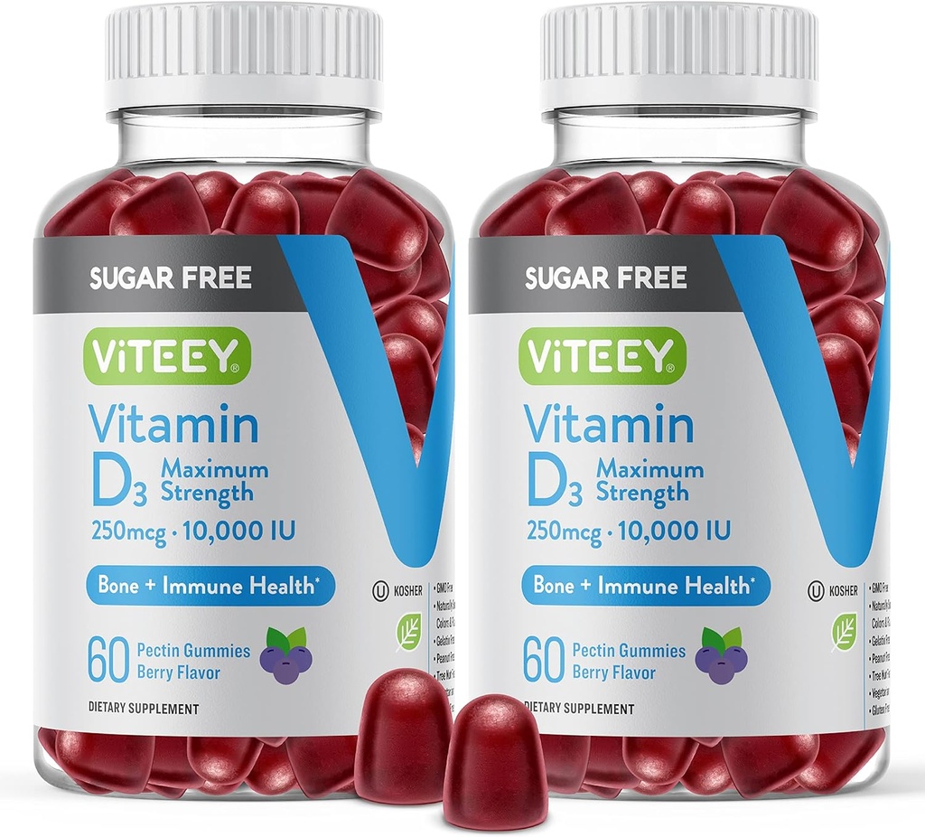 Viteey Vitamin D3 Gummies for Adults & Teens -10.000 IE, 250mcg, Maximum Styrka - Sugar Free, Bone, Joint & Muscle Health, Immune Boost - Vegetarian, Gelatin Free - Tasty Chewable Berry smaksatt
