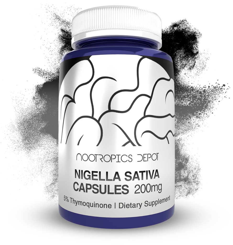Nootropics Depot Nigella Sativa Extract Capsules | 200mg | 60 greve | Minst 5% Thymoquinone Innehåll | Black Seed Oil Extract | Stöder minne, lever, hjärna och immunfunktion