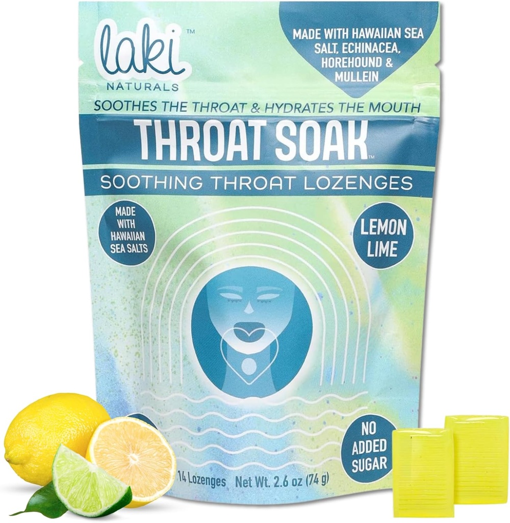 Laki Naturals Throat Soak Herbal Throat Lozenges (14 Ct) - Hawaiian Sea Salt Sore Throat & Dry Mouth Soothing Drops - Vegan, Non-GMO, Sugar-Free & Gluten-Free Sweet och Salty Herbal Candies