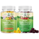 Bundle of Kids DHA Omega 3 Gummies - Fatty Acids Omega 3 6 9 for Brain Immune Strength & Vision - Nutritional DHA and Sambucus Elderberry Gummies for Kids Health - Zinc & Vitamin C for Immune Support