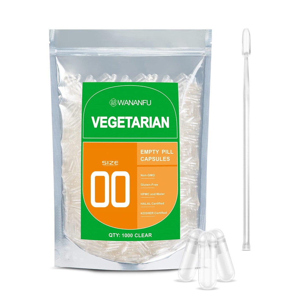 wananfu Size 00 Empty Capsules Vegetarian (1000 Count) Bundle med Micro Lab Spoon, Clear Fillable Veggie Pill Capsules 00 för att göra dina egna tillägg