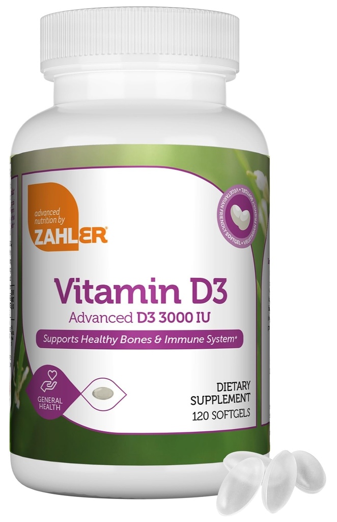 Zahler - Avancerad vitamin D3 3000 IE Softgels (120 greve) Kosher Vegetarian Friendly Vitamin D för immunstöd, ben, tänder och muskelhälsa - Daglig D3 Vitamin Supplement för vuxna - Easy Swallow.