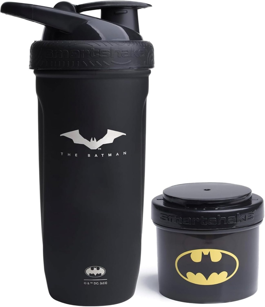 Smartshake DC Comic Bundle - Batman Protein Shaker Bottle - 900ml Leakproof Stainless Steel Shaker Bottle med 200ml Protein Powder Storage Container
