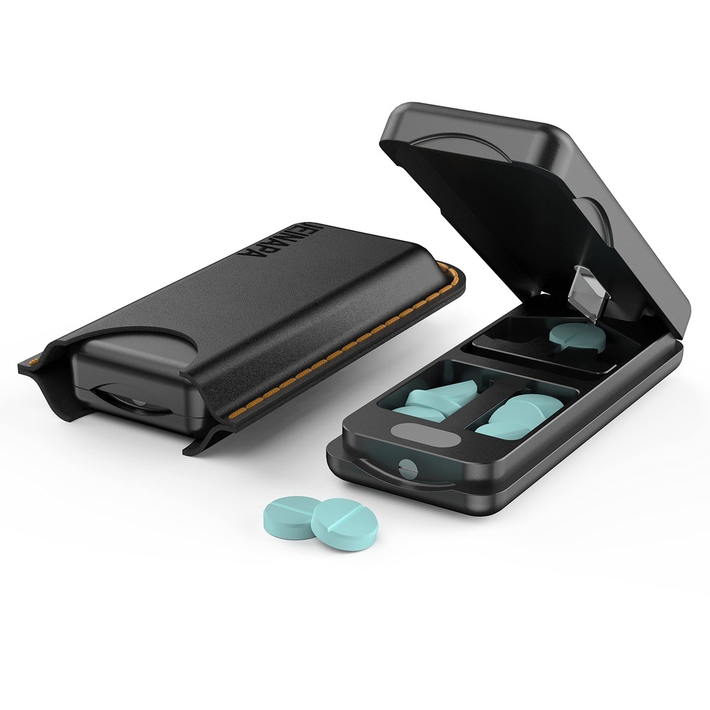 Pill Cutter med Auto Centering Device, Aluminium Pill Splitter med 316L Stainless Blade, Genuine Leather Case, Professional Pill Splitter för att skära små piller eller stora piller (Black)