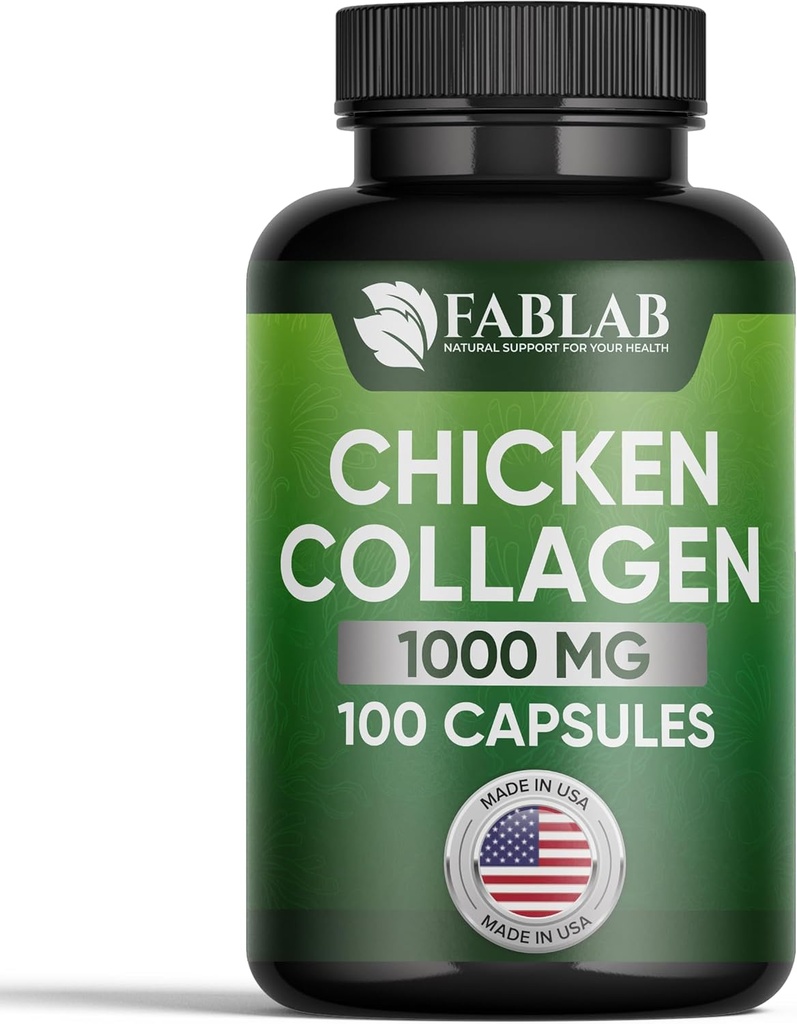 FabLab Chicken Collagen Typ II Supplement - Nutritional Supplement for Joint, Nerve & Bone Support - Non-GMO, Anti-Aging Dietary Product with Hydrolyzed Peptides- 100 Capsules