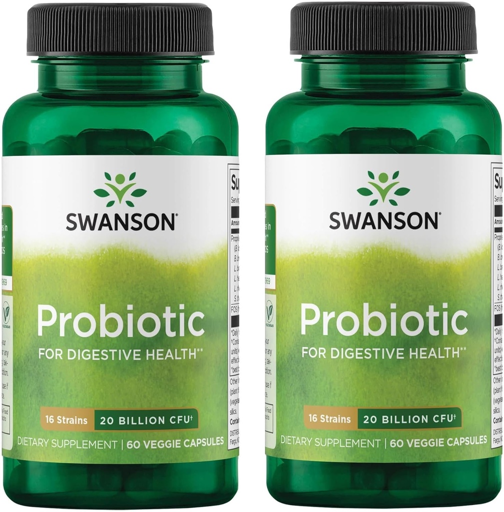 Swanson Probiotic för Digestive Health GI Tract Immune Support Travelers Support 20 miljarder CFU med Prebiotic FOS 60 Veggie Capsules (Caps) (2 Pack)