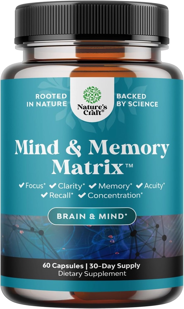 Matrix Nootropic Brain Supplement för minne och fokusförbättring - Vitaminer för mental hälsa och klarhet - Kognitivt komplex för vuxna i alla åldrar Minds Vitalitet - 60 kapslar
